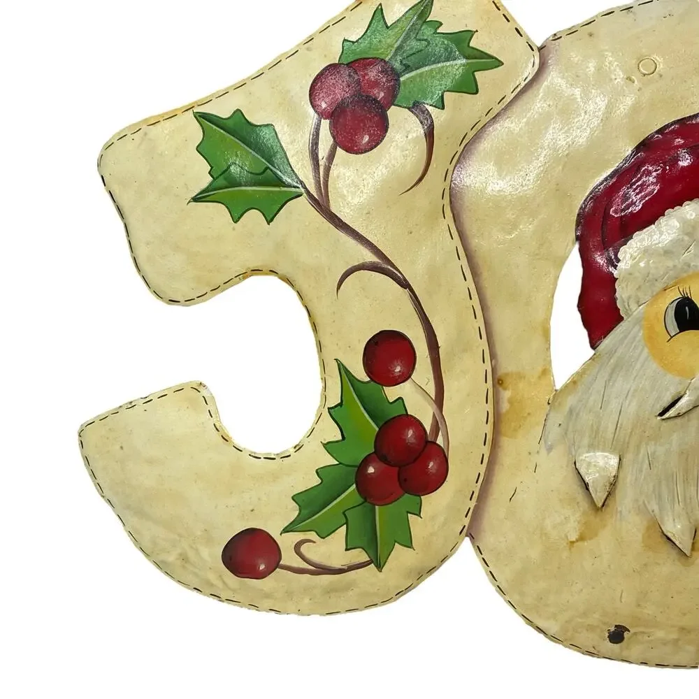 Vintage Christmas Cutout Metal Wall Art Decoration Joy Sign with Santa Face